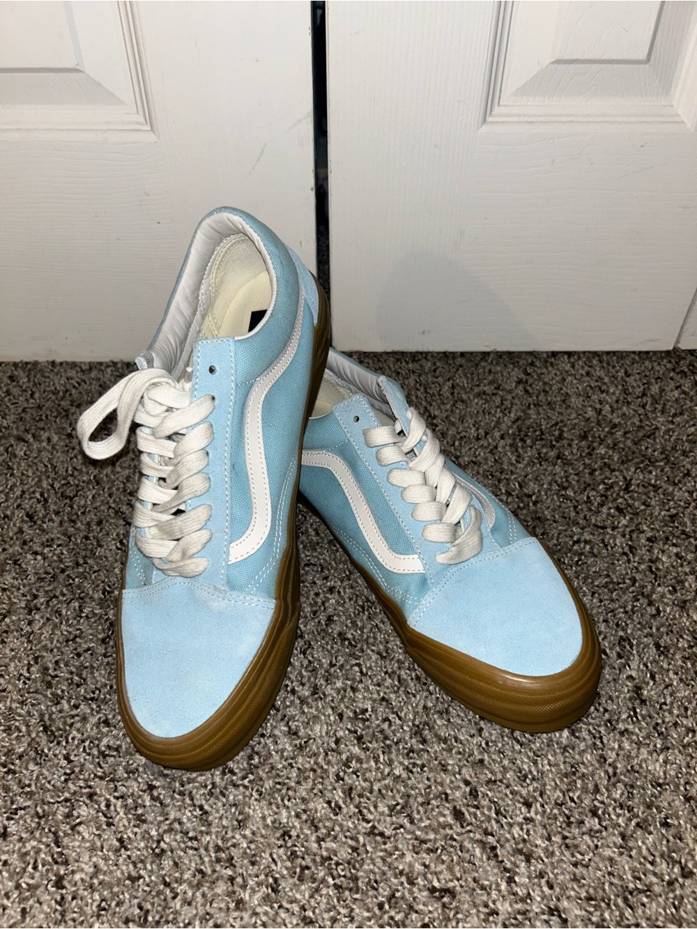 Light Blue Suede Low-Top Vans with Gum Sole